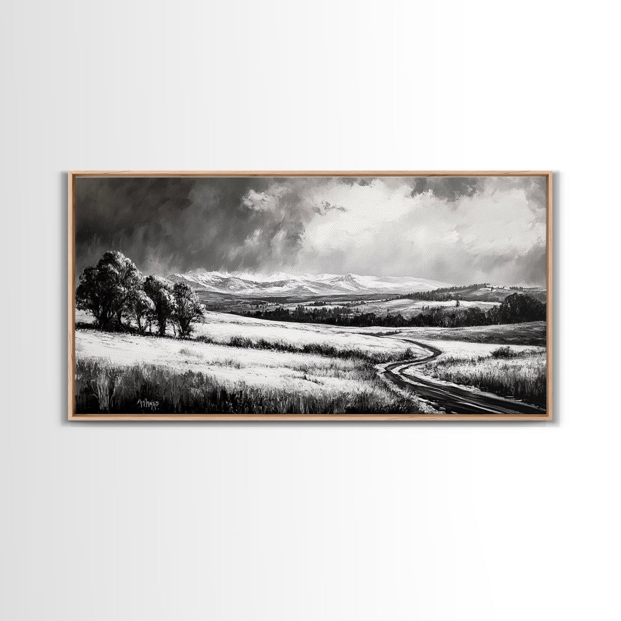 Winter Landscape, Black White, Scenic Country Road, Framed Canvas Print, Serene Nature Art, Rustic Wall Decor, Bedroom Artwork