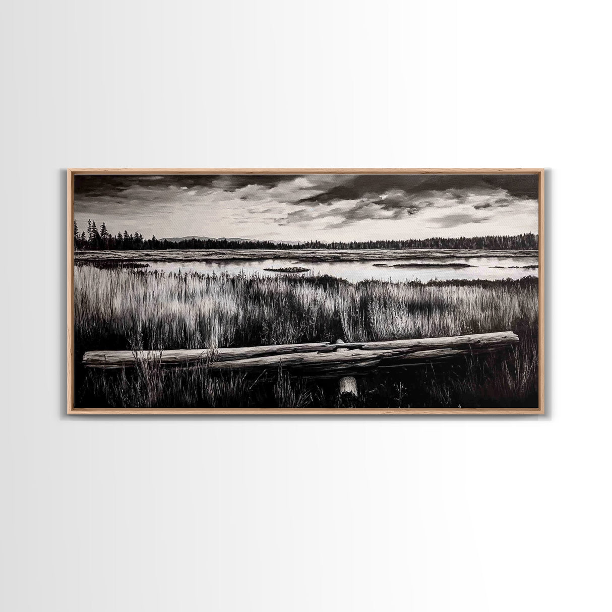 Marshland, Serene, Nature, Black and White, Framed Canvas Print, Landscape Painting, Rustic Wall Art, Cabin Decor, Neutral Tone Art