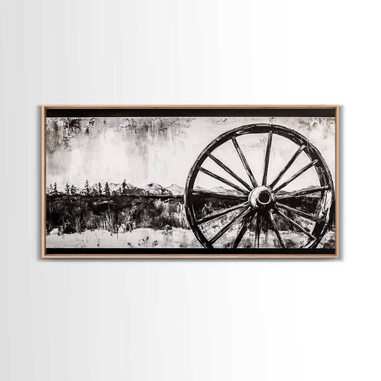 Wagon Wheel, Mountain Landscape, Black and White Western Art, Rustic Home Decor, Framed Canvas Print, Farmhouse Living Room Art