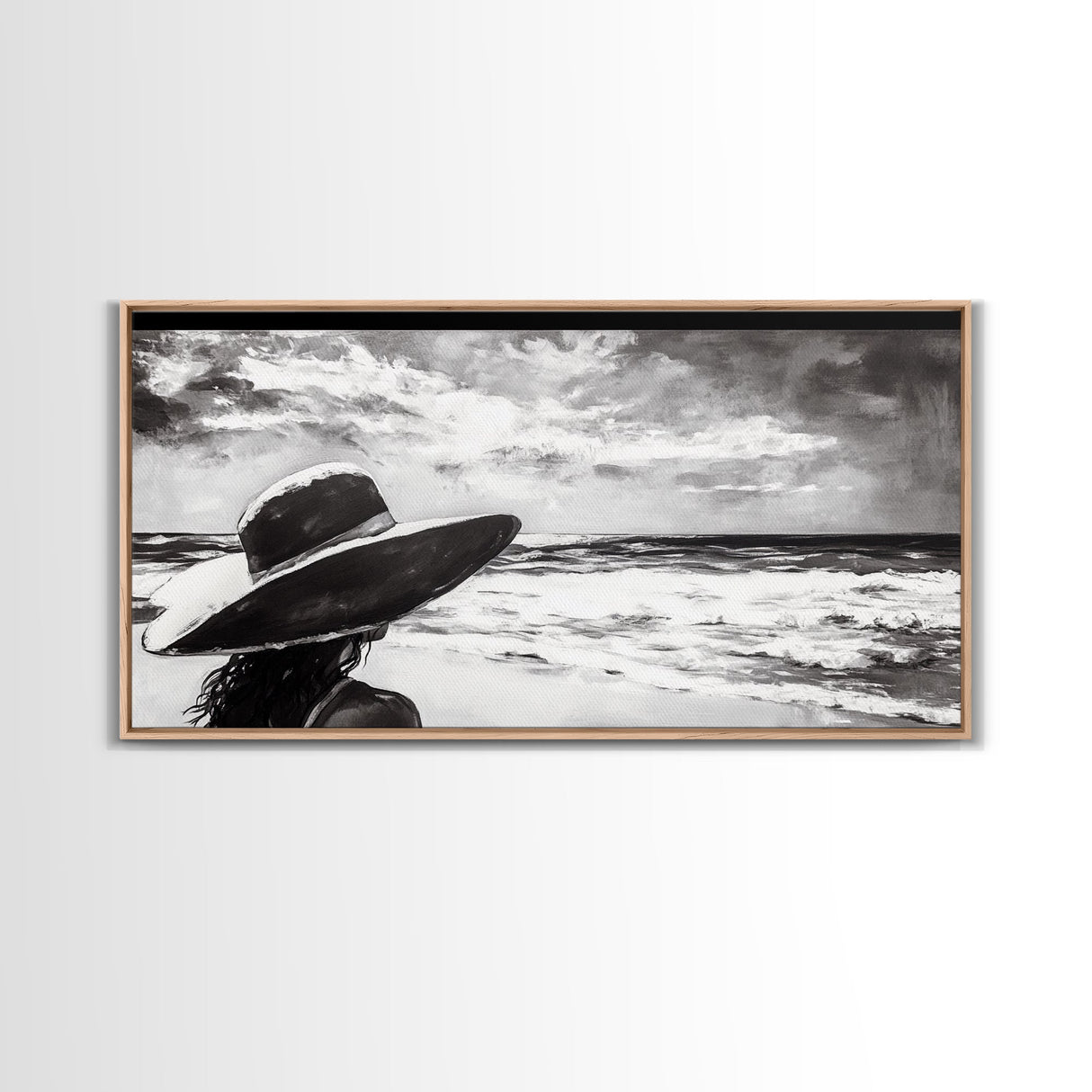 Woman at Beach, Black and White Wall Art, Minimalist Canvas Print, Modern Coastal Decor, Ocean View Art, Living Room Wall Art