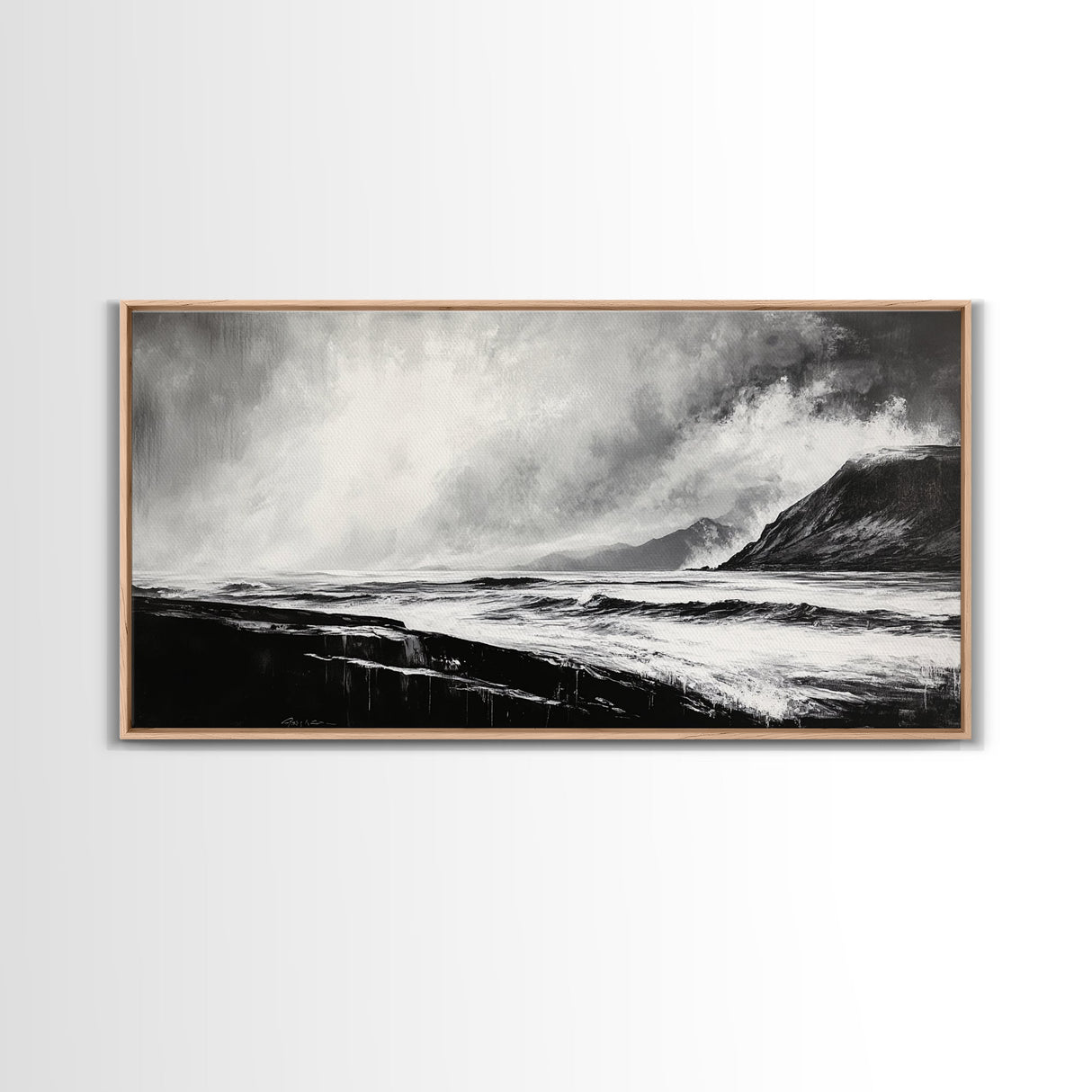 Monochrome Seascape, Dramatic Waves, Stormy Ocean, Modern Wall Art, Black and White Painting, Living Room Art, Framed Canvas Print, Gift Idea