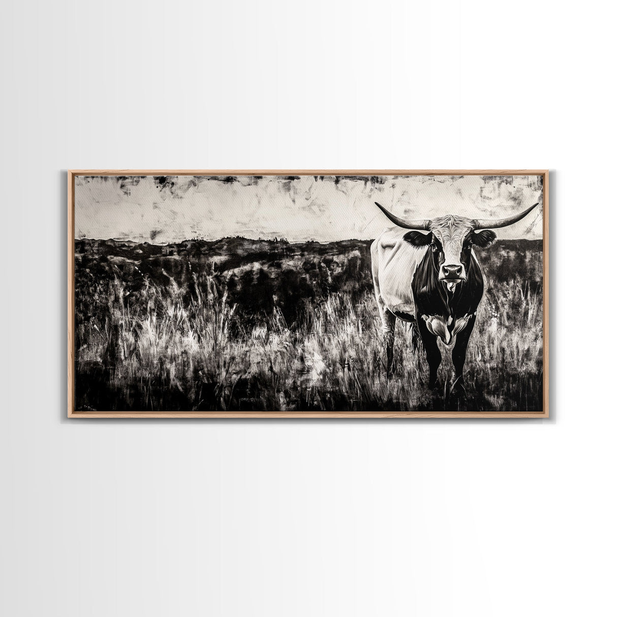 Texas Longhorn, Rustic Farmhouse, Black and White Western Art, Framed Canvas Print, Country Home Decor, Rustic Living Room Wall Art