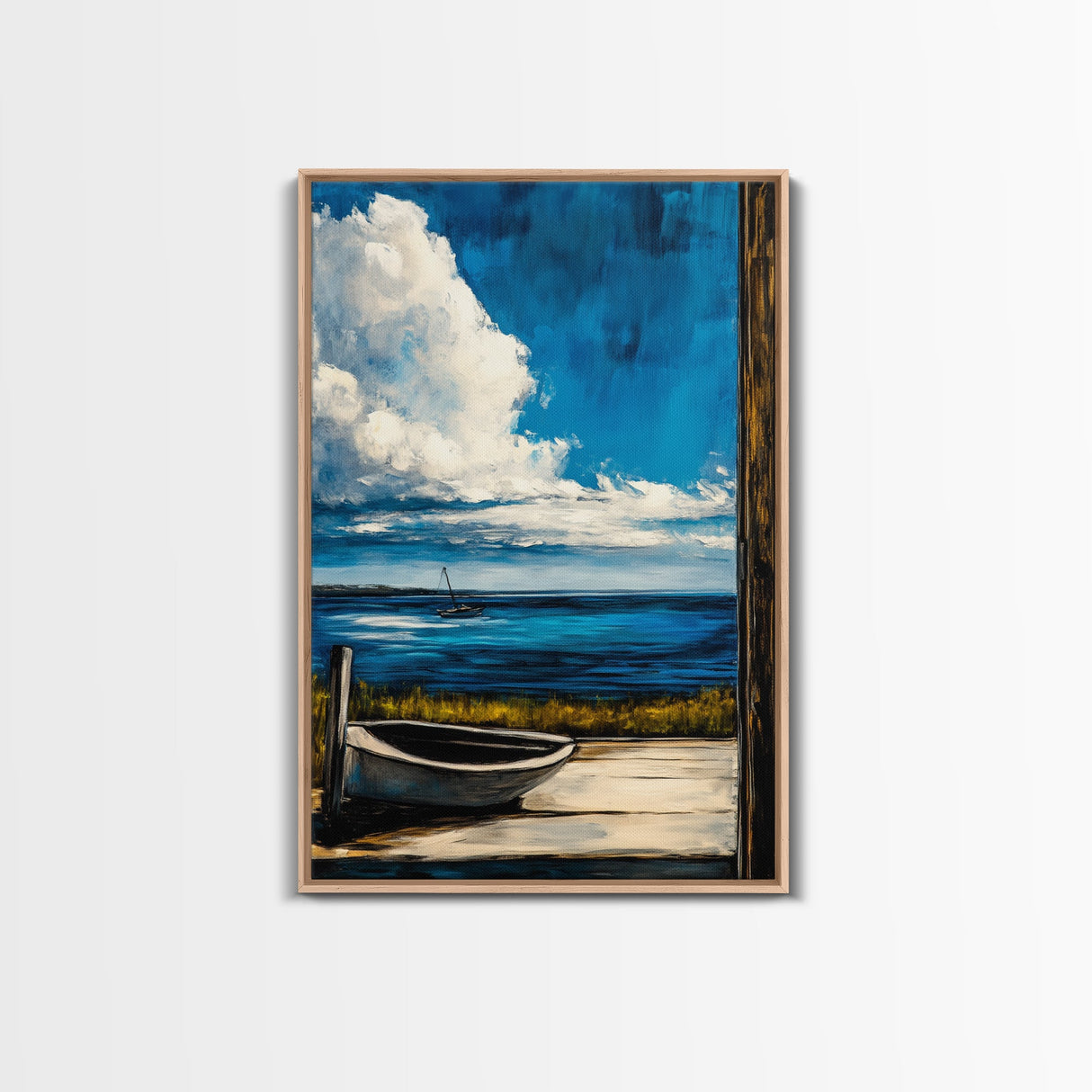 Seaside Serenity, Wooden Dock, Tranquil View, Framed Canvas Print, Ocean Wall Art, Coastal Living, Beach House Decor, Nautical Aesthetic