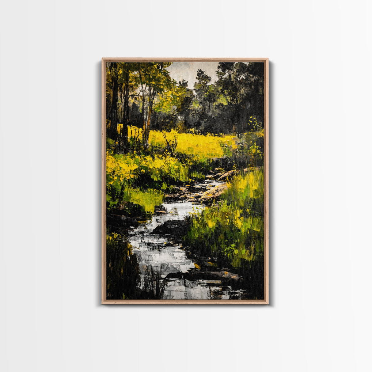 Stream Forest, Impressionist, Framed Canvas Print, Nature Wall Art, Greenery Landscape, Relaxing Home Art, Living Room Decor, Country Style