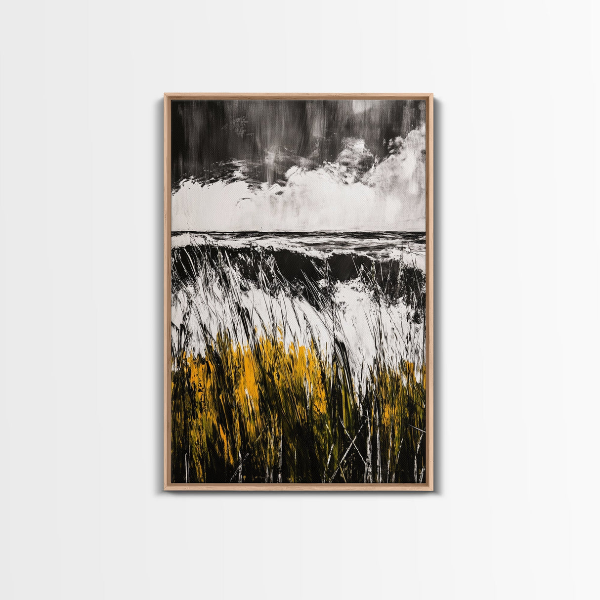 Ocean, Grass, Stormy Weather, Framed Canvas Print, Black and White Seascape, Modern Minimalist Art, Coastal Living, Neutral Wall Decor