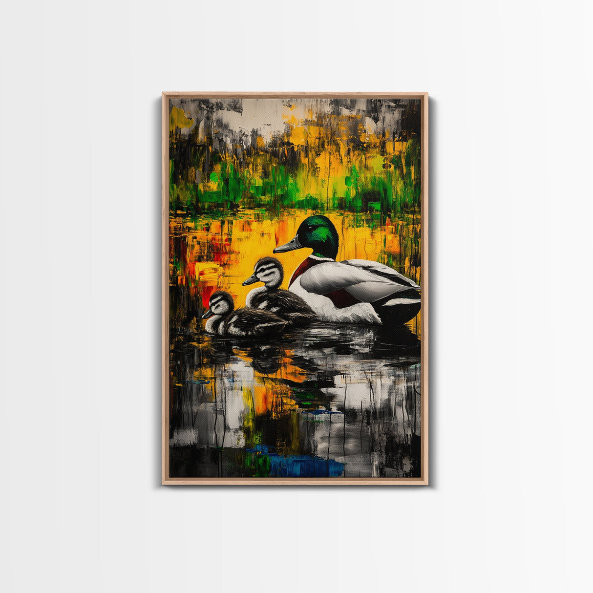 Ducks Pond Nature, Framed Canvas Print, Wildlife Art, Vibrant Watercolor Style, Rustic Wall Decor, Country Home Art, Gift Idea