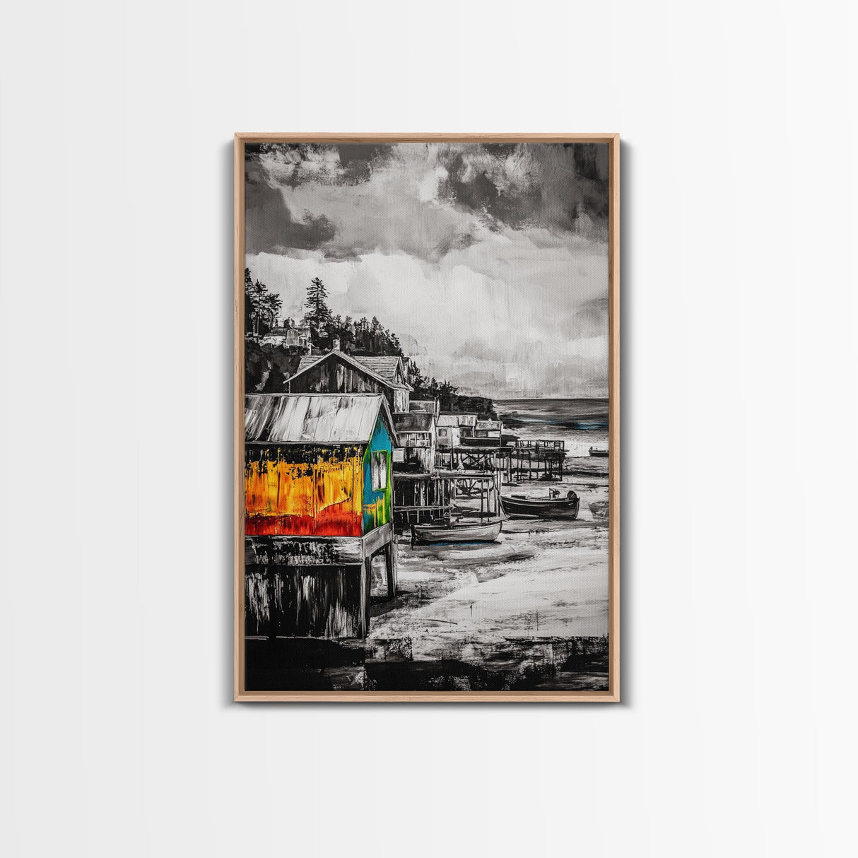 Rustic Seaside, Colorful Coastal Art, Nautical Wall Decor, Vibrant Fishing Village, Seascape Painting, Living Room Art, Canvas Print