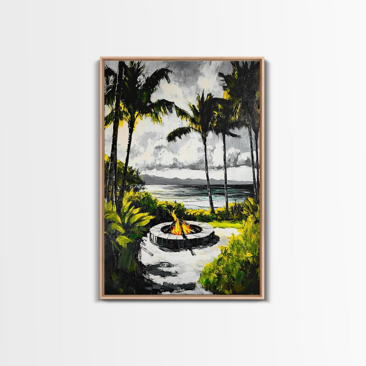 Palm Trees, Fire Pit, Coastal Escape, Beach House Decor, Black and White Art, Tropical Landscape, Canvas Print, Relaxing Wall Art