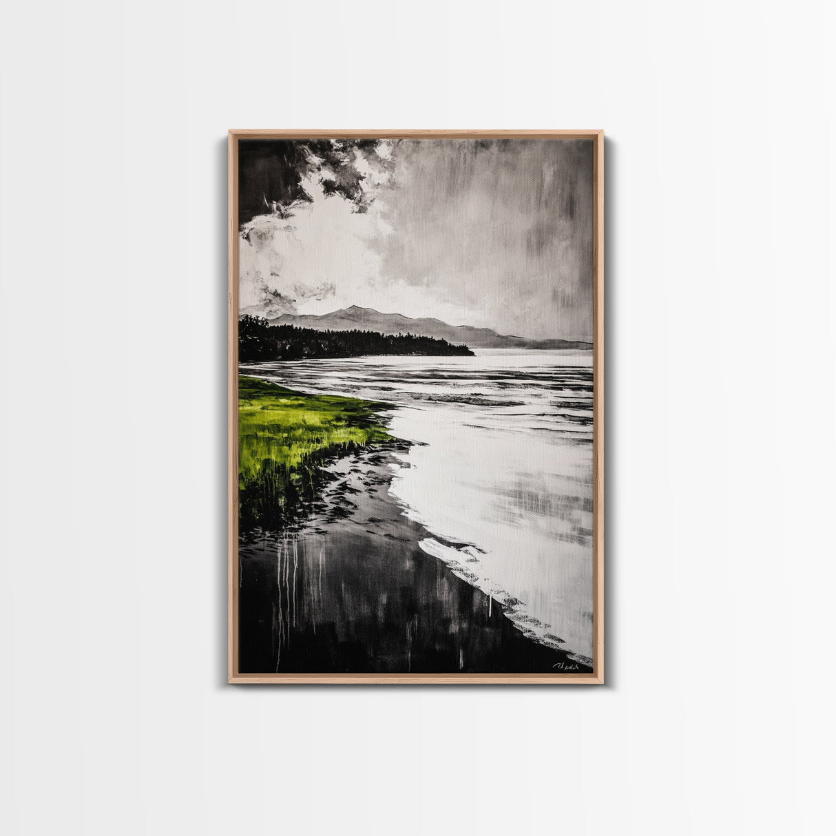 Moody Lake Scene, Black White Green, Framed Canvas Print, Nature Landscape Painting, Serene Wall Art, Contemporary Home Decor