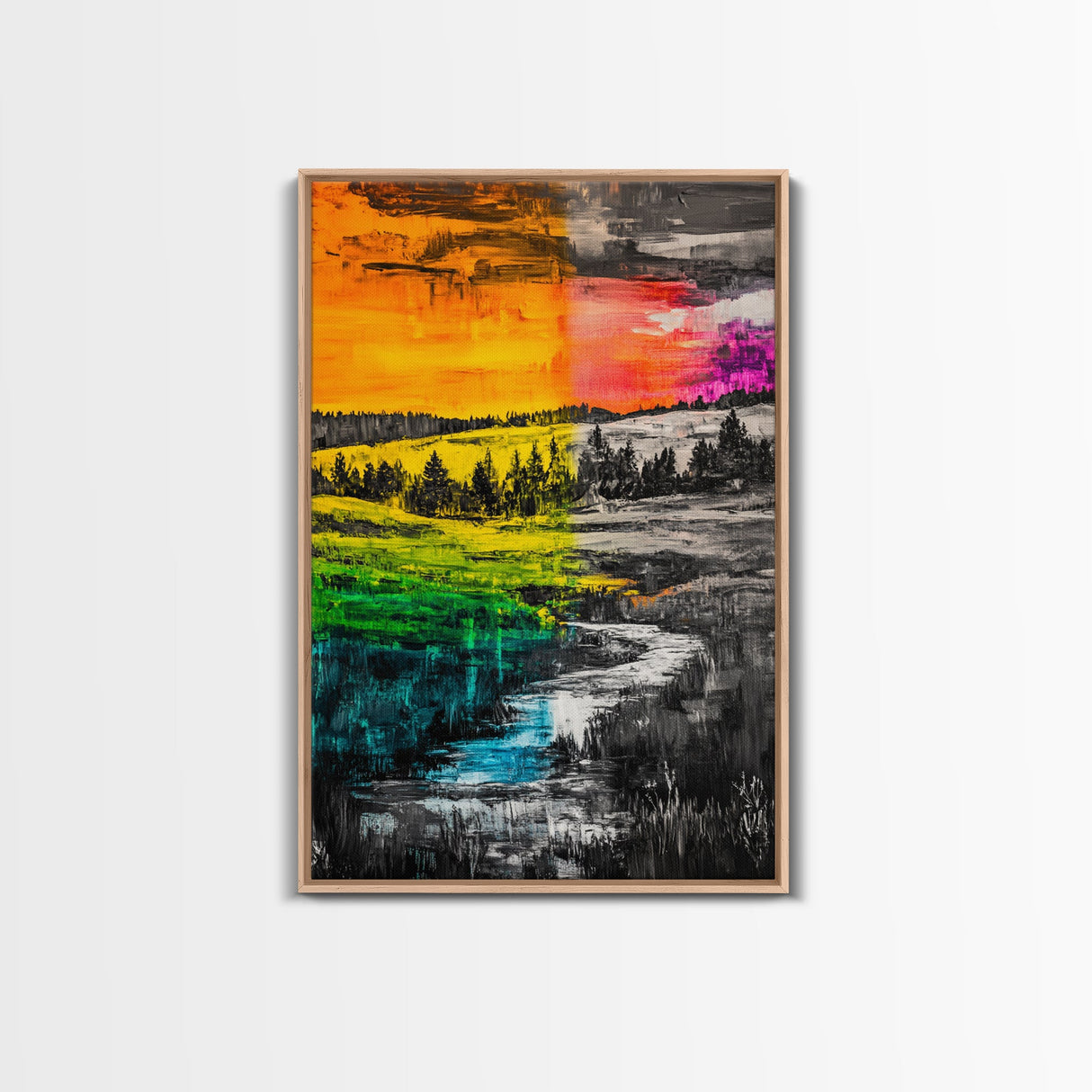 Vibrant Sunset, Colorful Landscape, Bold Abstract Art, Nature Inspired, Modern Painting, Framed Canvas Print, Living Room Wall Decor