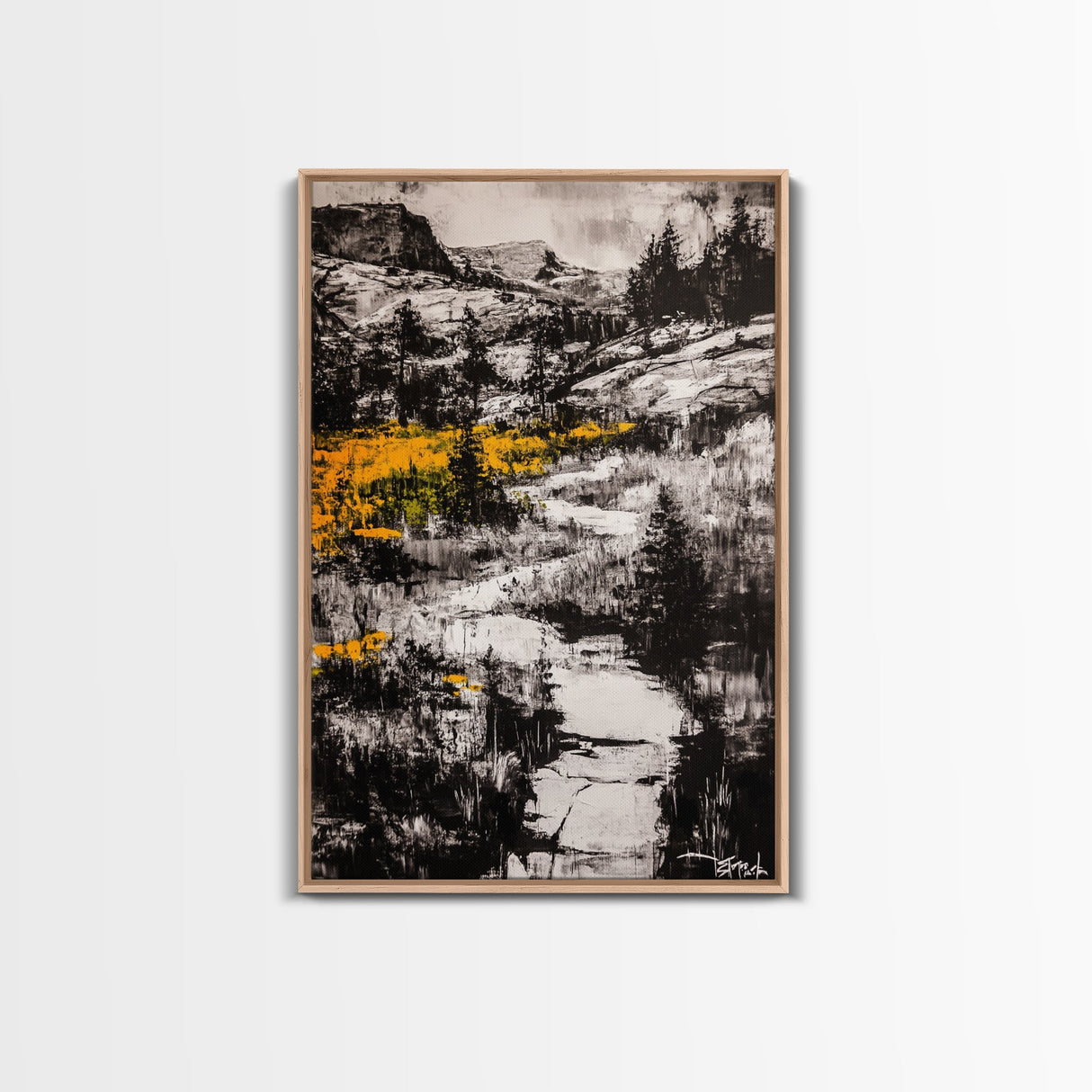 Mountain Path, Black and White Landscape, Dramatic Nature Painting, Wilderness Wall Art, Framed Canvas Print, Rustic Lodge or Office Decor
