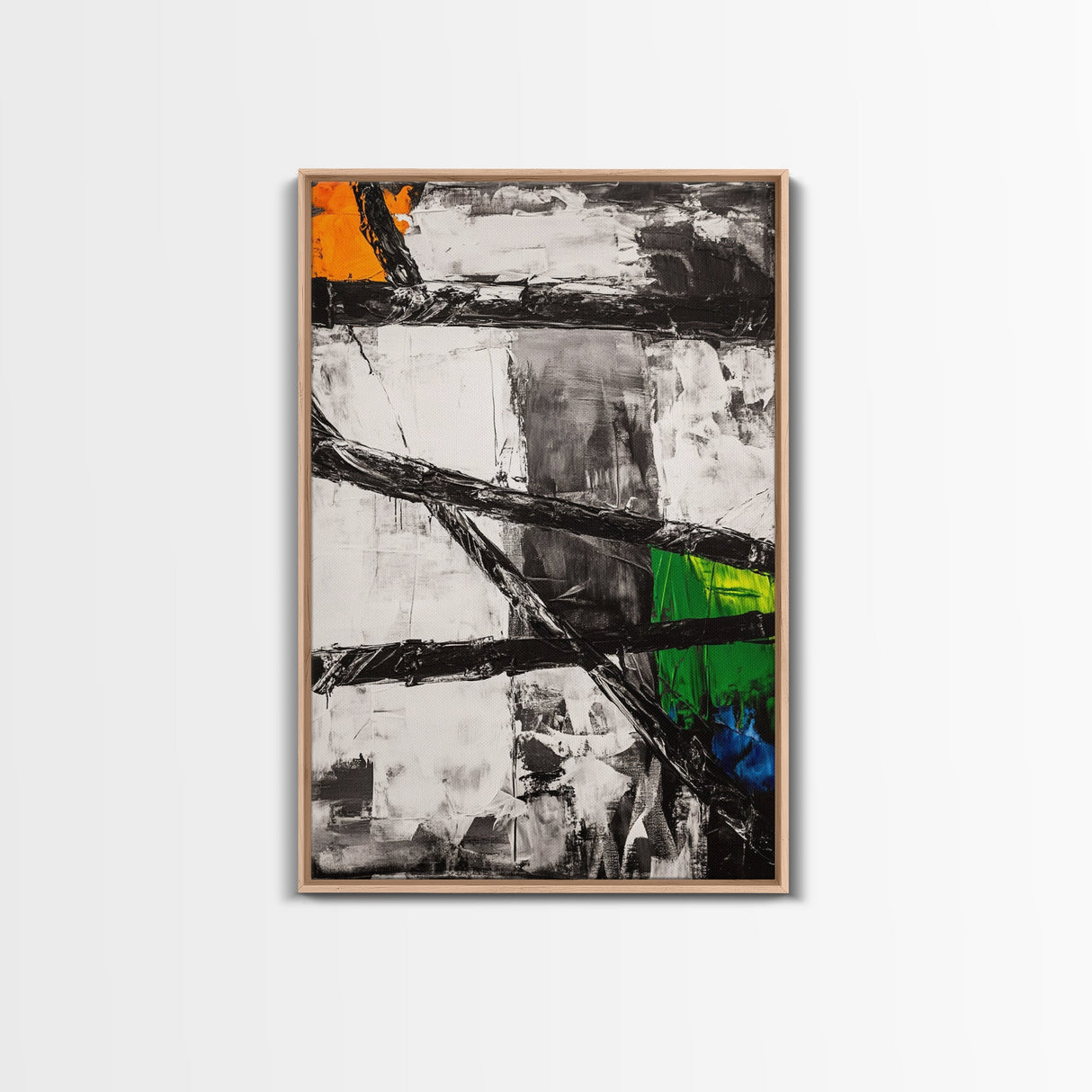 Geometric Abstract, Black and White with Green and Yellow Accents, Modern Minimalist Wall Art, Framed Canvas Print, Office or Loft Decor