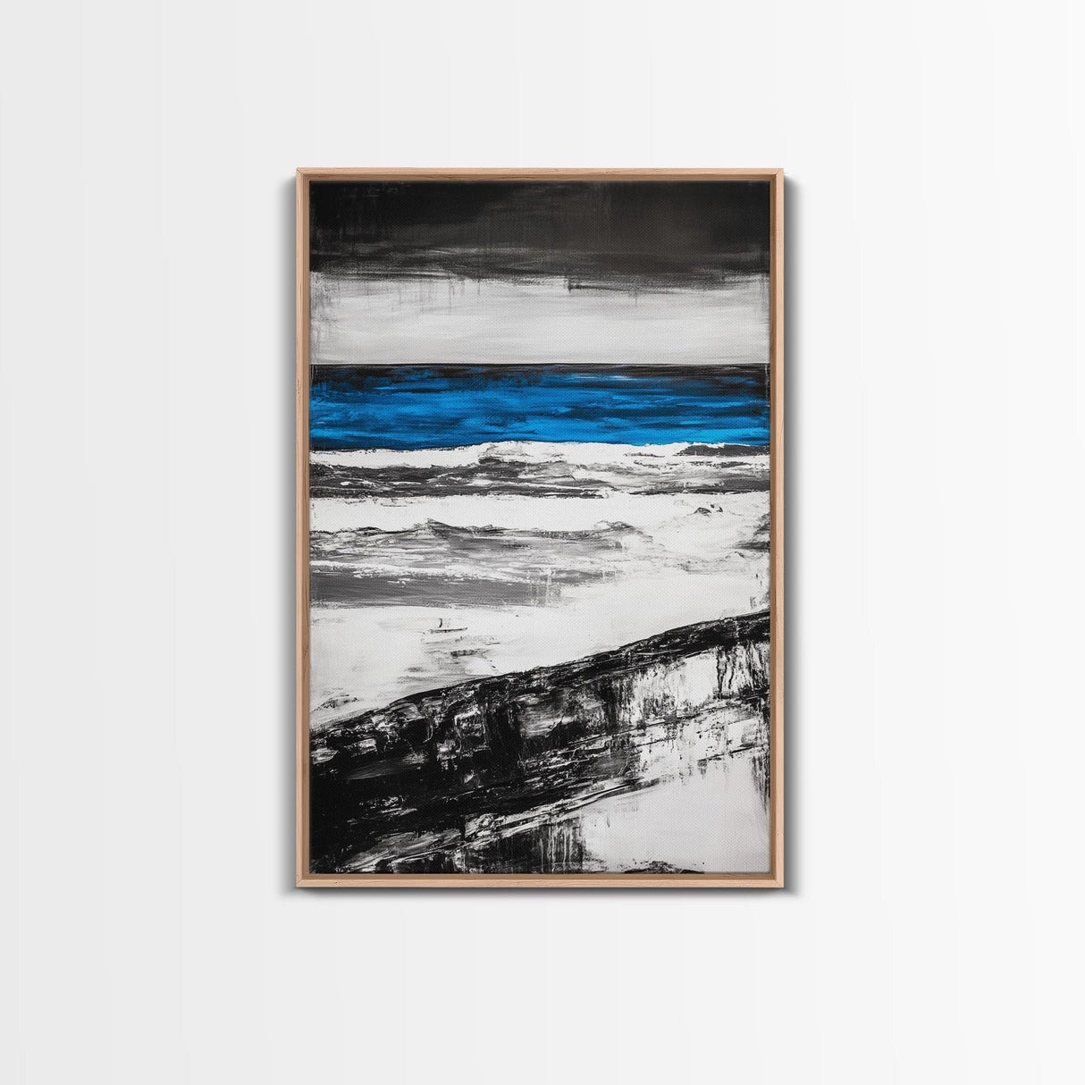 Ocean Horizon, Minimalist Seascape Painting, Black White and Blue Coastal Art, Framed Canvas Print, Modern Living Room or Office Wall Decor