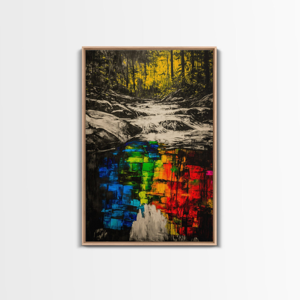 Forest Reflection, Black and White with Vibrant Colors, Abstract Waterfall Painting, Framed Canvas Print, Nature Lover’s Wall Art