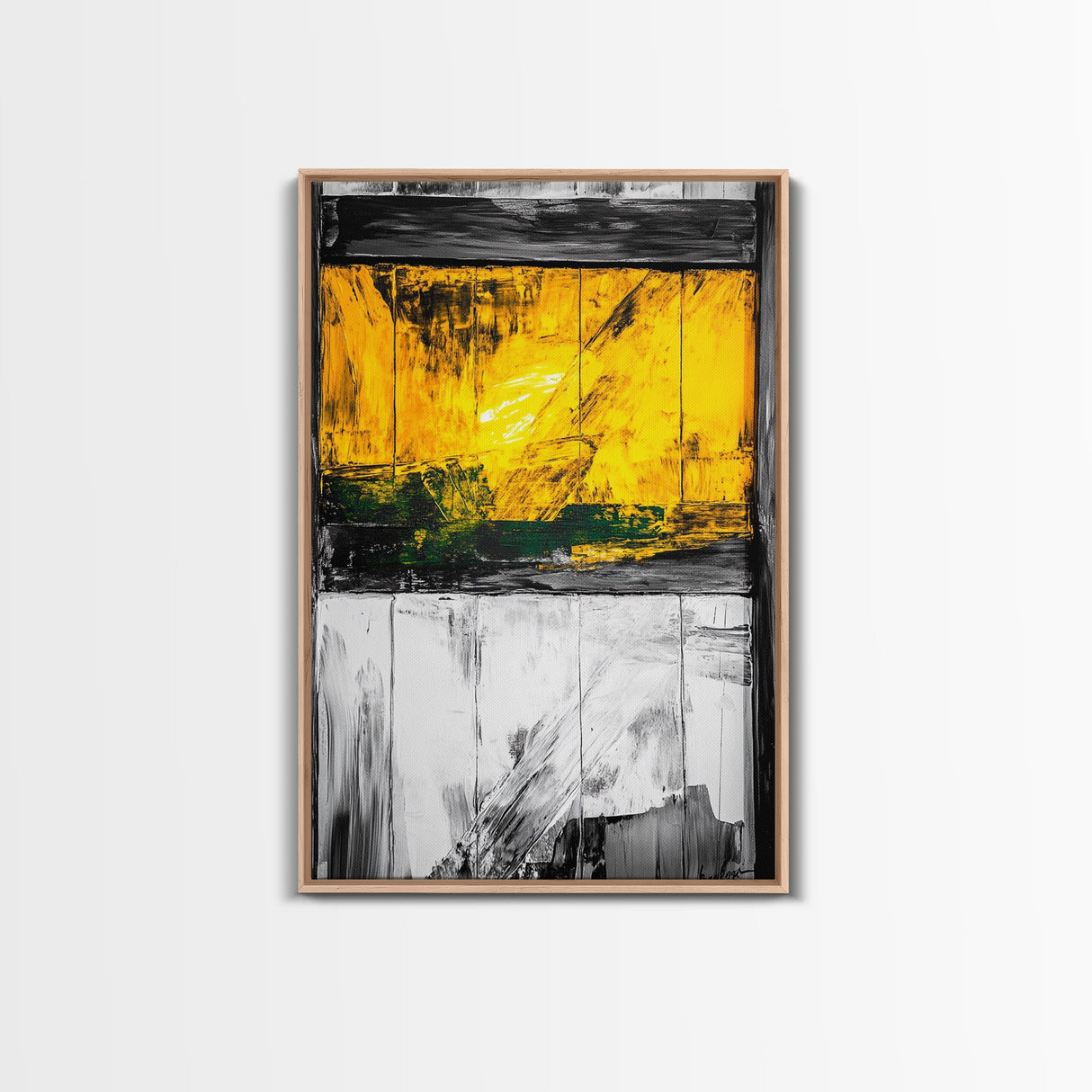 Golden Window, Abstract Rustic Wall Art, Black and White with Yellow Accents, Framed Canvas Print, Farmhouse or Entryway Wall Decor