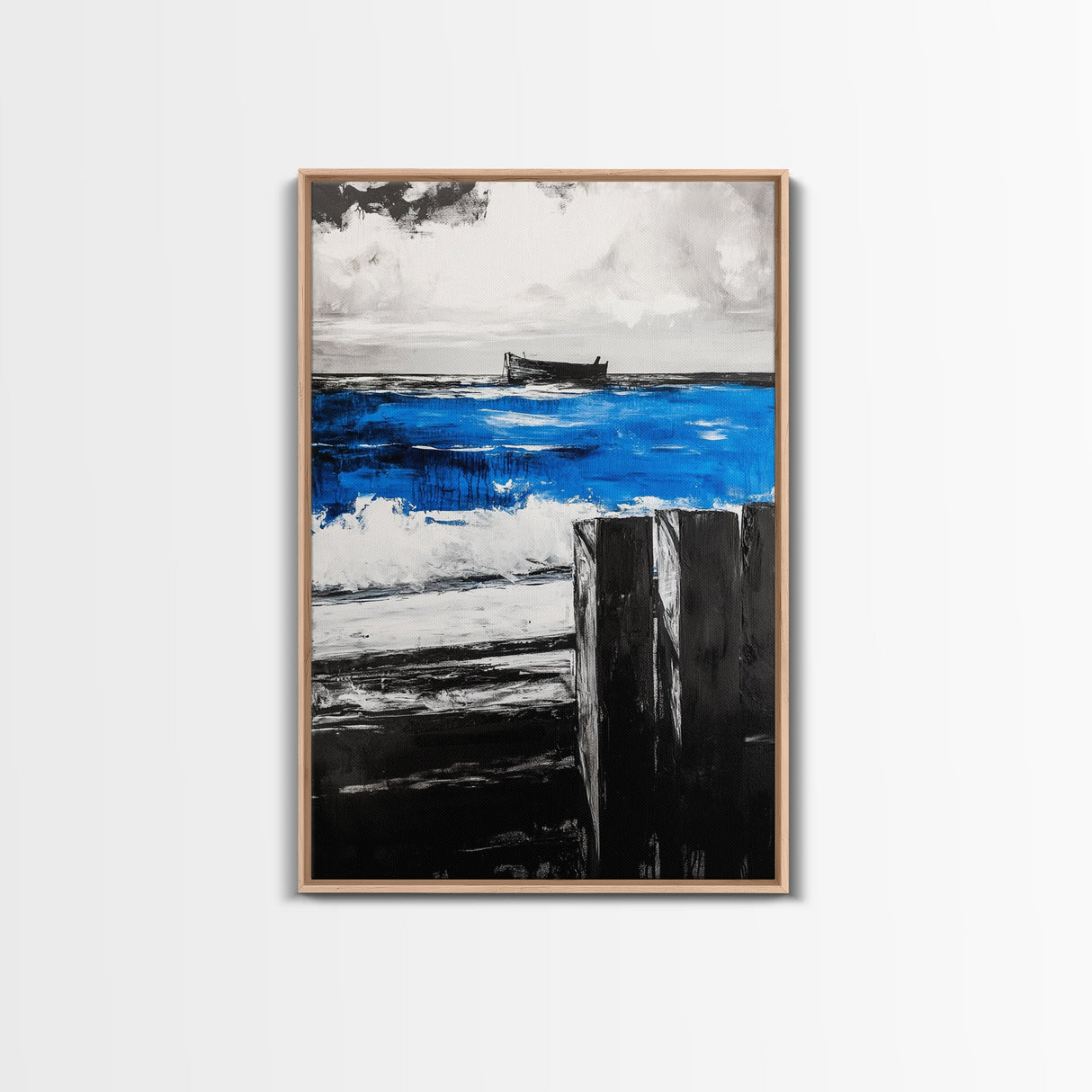 Shipwreck, Abandoned Boat, Blue Ocean, Dramatic Scene, Framed Canvas Print, Rustic Wall Art, Nautical Decor, Adventure Themed Art