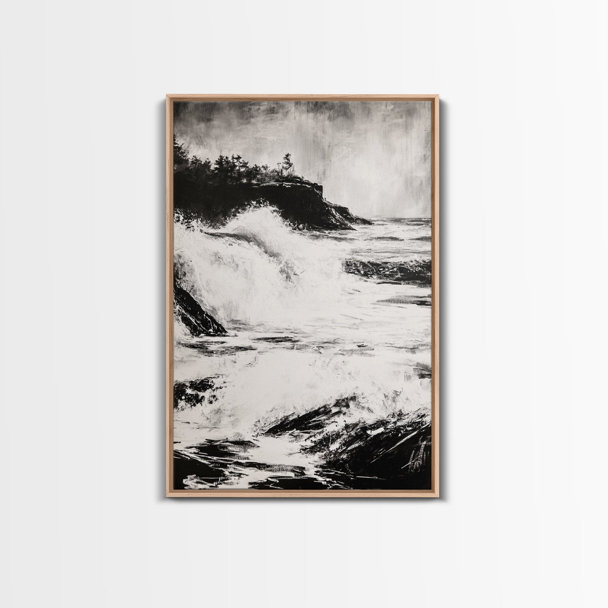 Ocean Waves, Seascape Painting, Framed Canvas Print, Beach House Decor, Nautical Wall Art, Black and White Art, Coastal Living Room