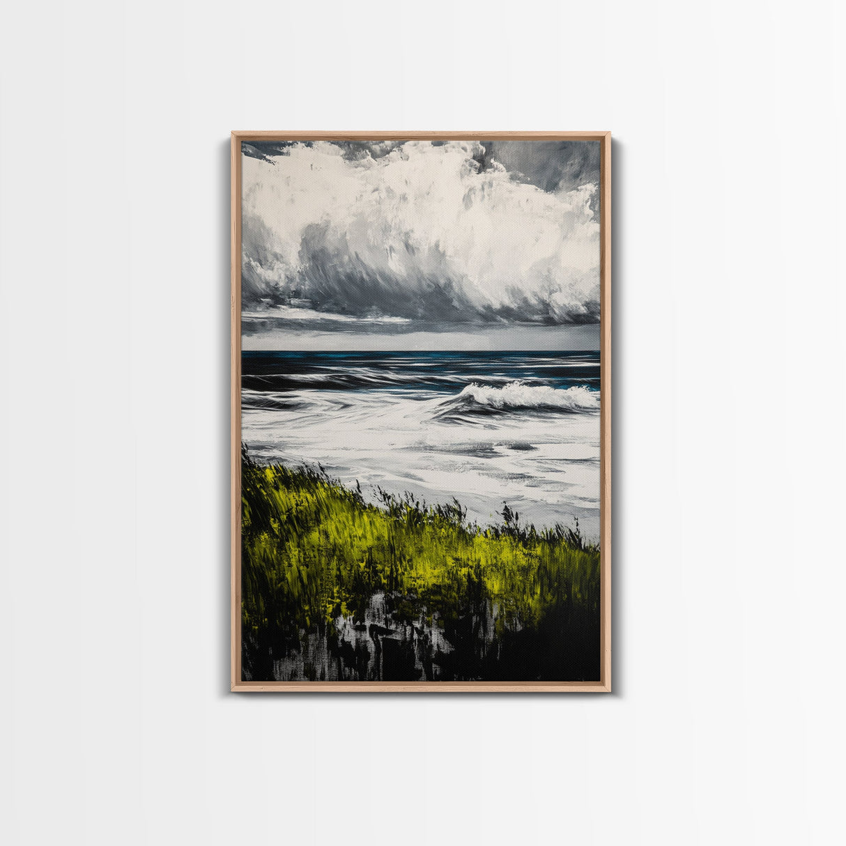 Ocean Waves, Storm Clouds, Coastal Drama, Seascape Wall Art, Framed Canvas Print, Modern Home Decor, Blue Gray Tones, Beach Aesthetic