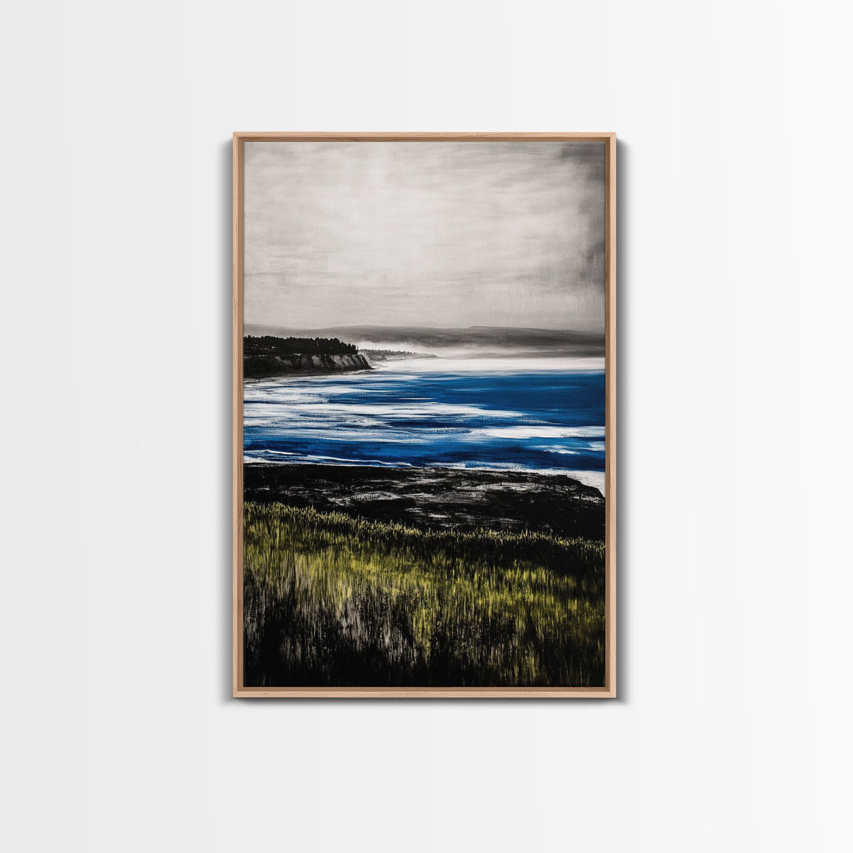 Misty Coast, Cliffside View, Ocean Horizon, Framed Canvas Print, Coastal Home Decor, Nautical Painting, Minimalist Wall Art