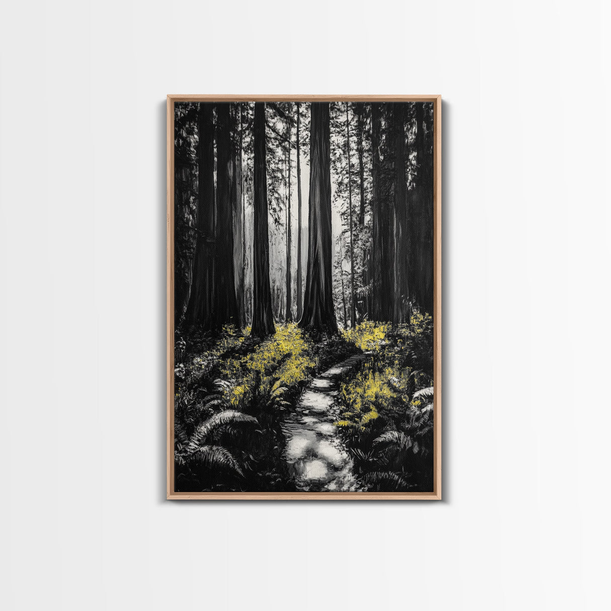 Redwood Forest, Tall Trees, Nature Path, Canvas Print, Moody Wall Art, Black and White Painting, Rustic Home Decor, Cabin Artwork