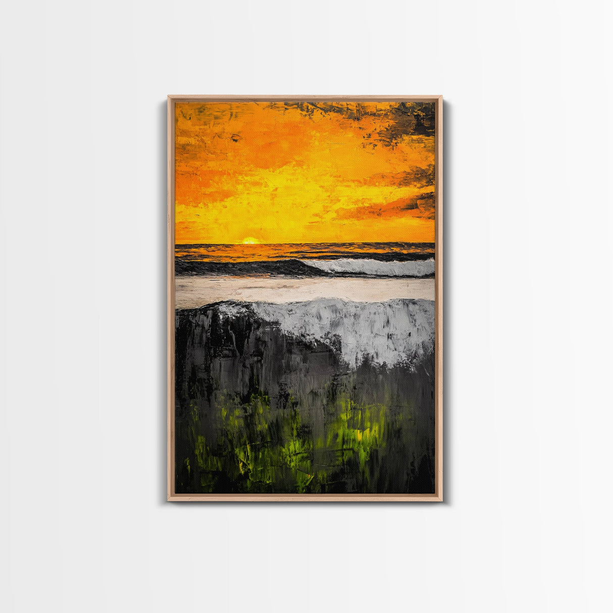 Fiery Sunset, Ocean Waves, Golden Sky, Framed Canvas Print, Tropical Beach Art, Coastal Decor, Living Room Wall Art, Bold Colors