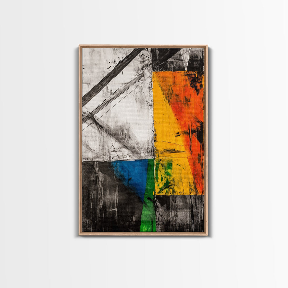 Abstract Geometric Art, Yellow Orange Blue Green, Black White Art, Minimalist Wall Decor, Contemporary Office Art, Framed Canvas Print