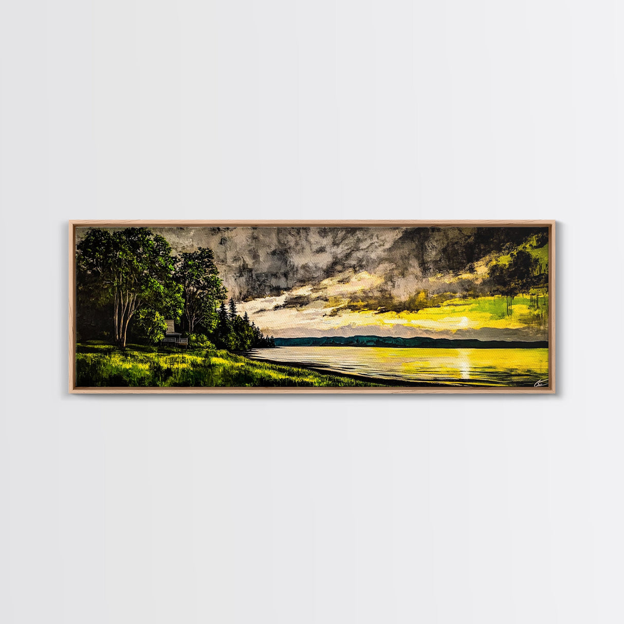 Lakeside Sunset Painting, Cabin Wall Art, Serene Landscape Print, Nature Inspired Home Decor, Golden Tones, Framed Canvas Print