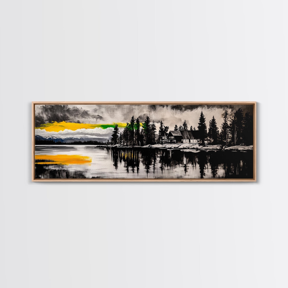 Lake House Painting, Reflection Water Art, Cabin Retreat Wall Decor, Tranquil Nature Print, Mountain Sunset, Canvas Print