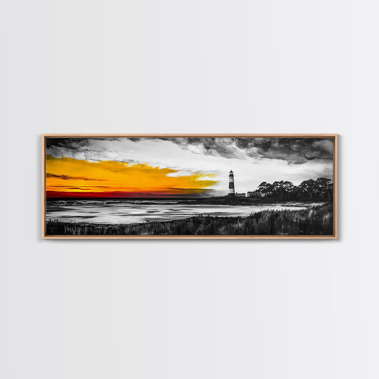 Lighthouse Sunset, Coastal Landscape, Nautical Wall Art, Seascape Print, Framed Canvas Print, Living Room Art, Minimalist Art, Ocean Sunset