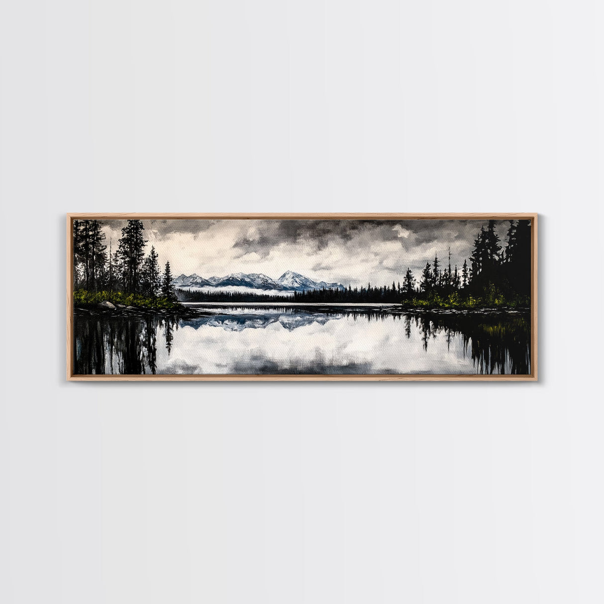 Mountain Reflection, Tranquil Lake Art, Black and White Landscape, Nature Inspired Decor, Framed Canvas Print, Cabin Wall Art, Moody Forest Scene