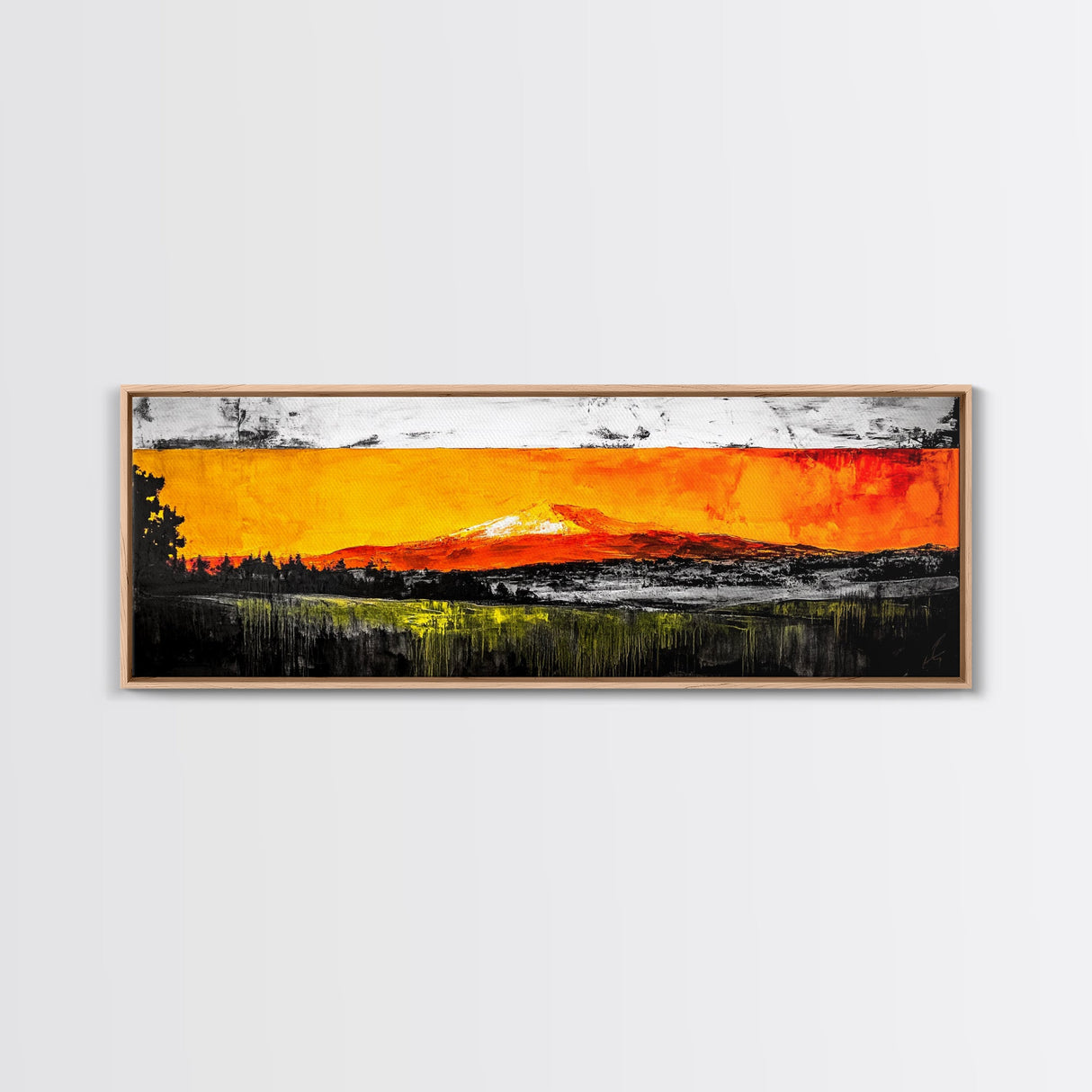 Fiery Peaks, Mountain Sunset, Landscape Painting, Framed Canvas Print, Rustic Home Art, Living Room Decor, Bold Wall Art