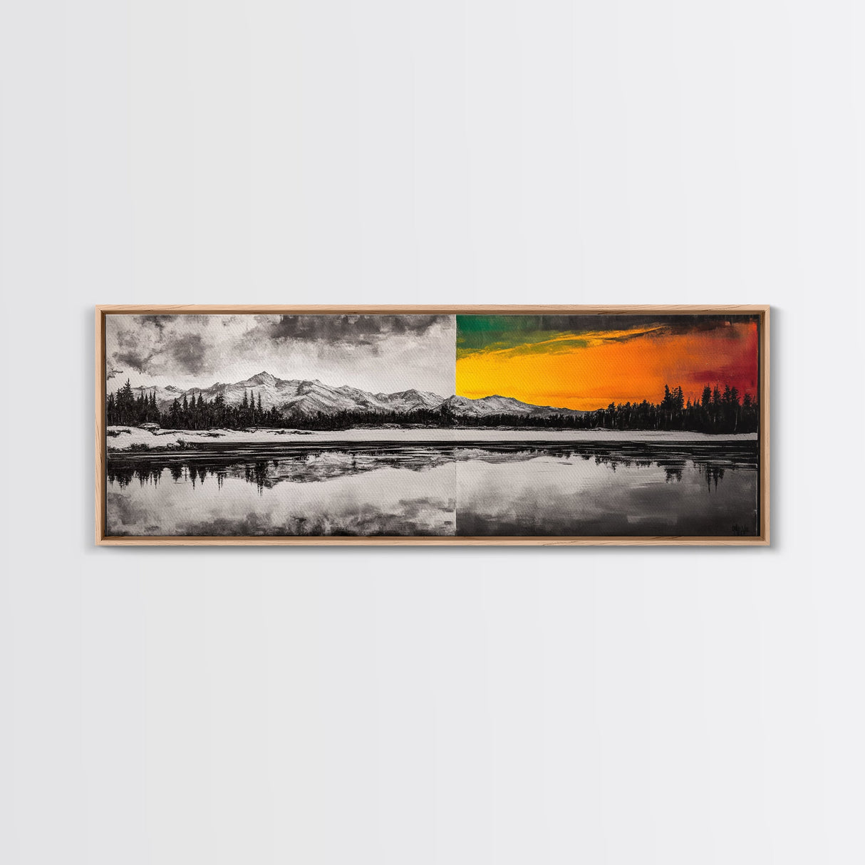Dual Tone Lake, Black and White Landscape, Orange Sunset, Canvas Print, Modern Wall Art, Nature Home Decor, Living Room Art