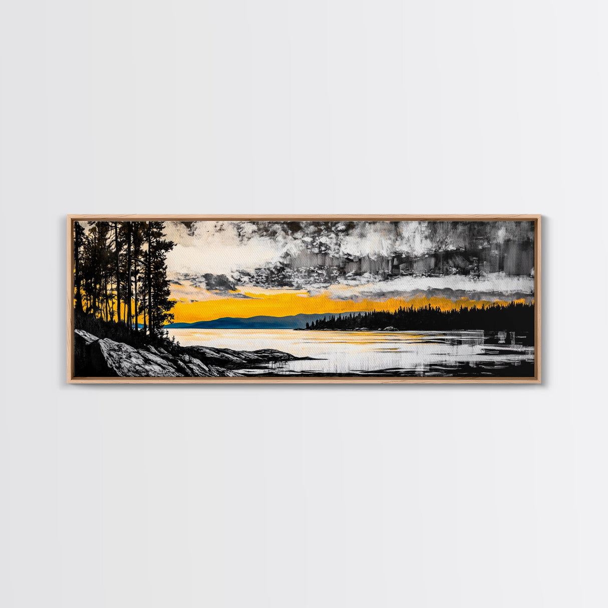 Sunset Reflection, Golden Lake, Nature Art, Framed Canvas Print, Modern Landscape, Large Wall Art, Living Room Decor, Rustic Style