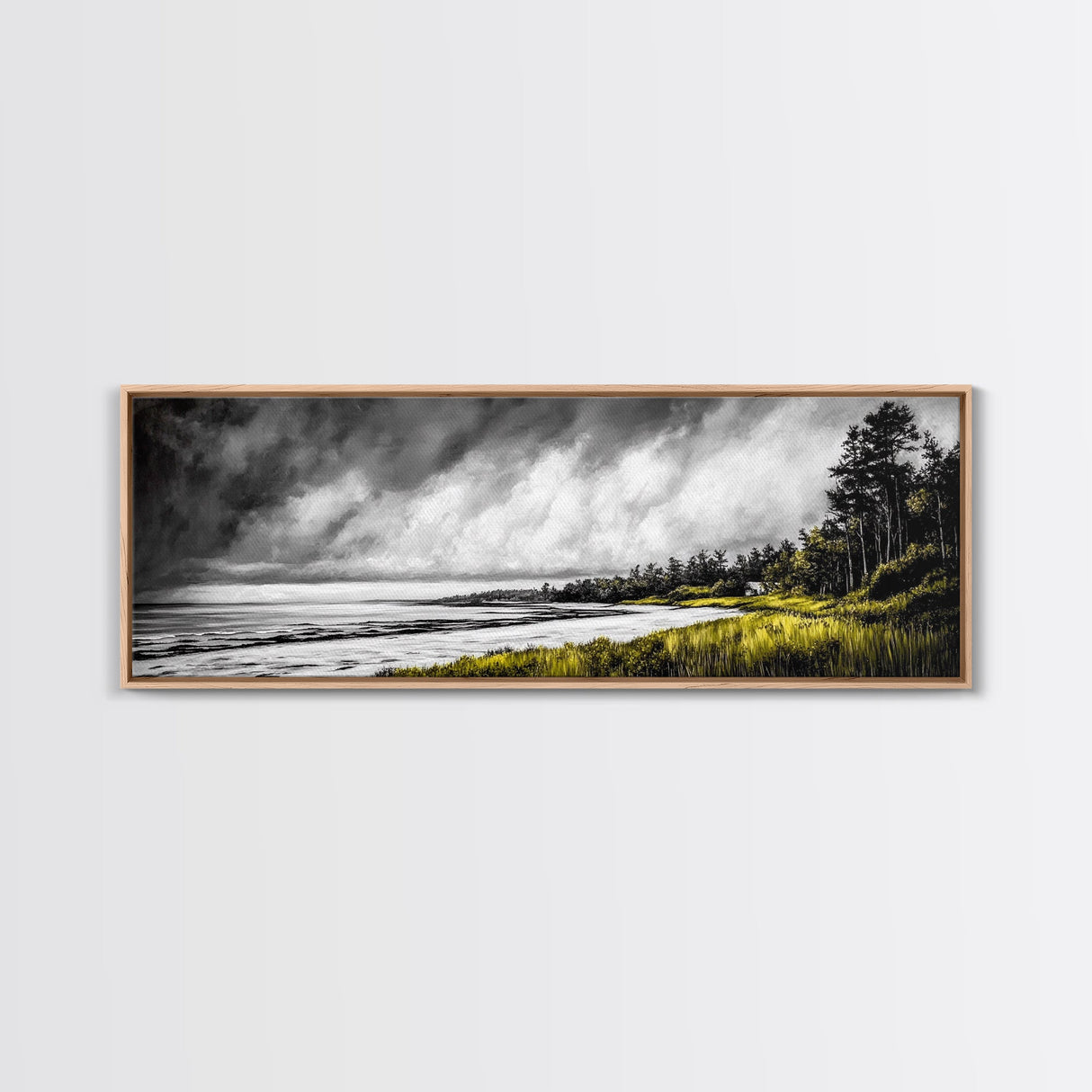 Stormy Coast, Dramatic Sky, Seaside Serenity, Framed Canvas Print, Black and White Art, Large Wall Decor, Living Room Statement