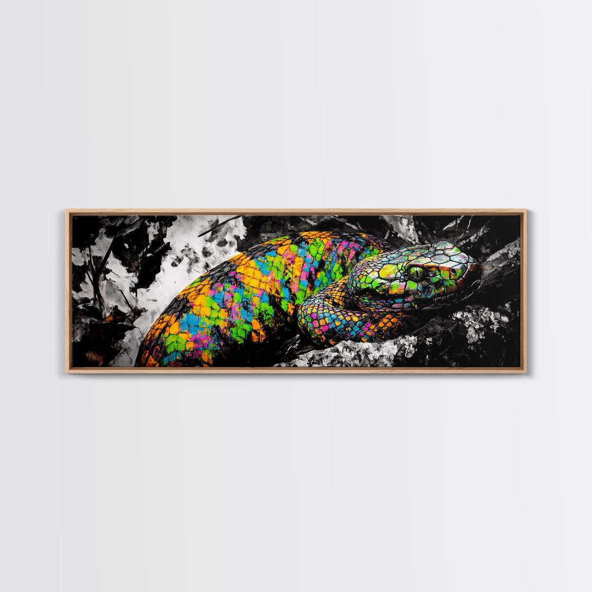 Colorful Snake, Psychedelic Reptile Art, Nature Painting, Wildlife Print, Vibrant Scales, Unique Wall Decor, Framed Canvas Print
