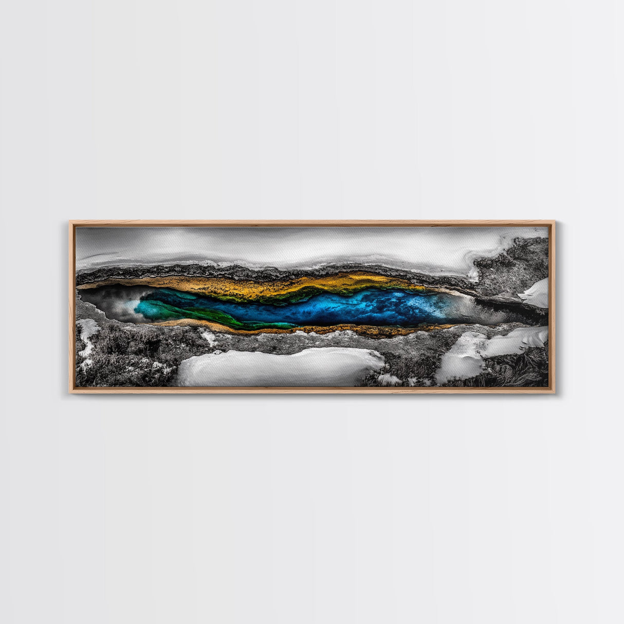Hot Spring, Geothermal Pool Art, Abstract Nature, Deep Blue and Gold, Black and White Contrast, Unique Wall Decor, Framed Canvas Print