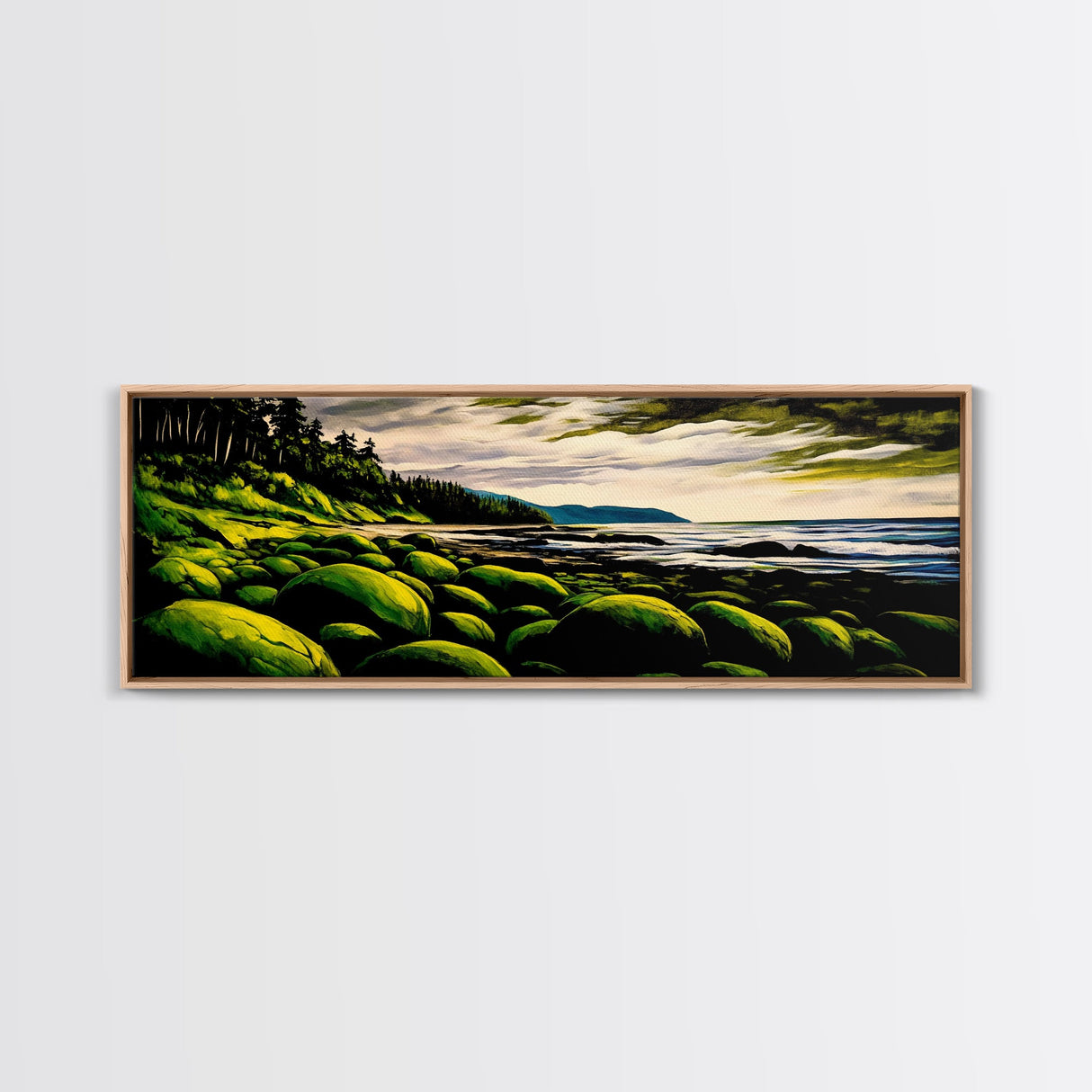 Green Rocks, Coastal Landscape, Nature Wall Art, Framed Canvas Print, Scenic Ocean Painting, Beach House Decor, Serene Wall Artwork