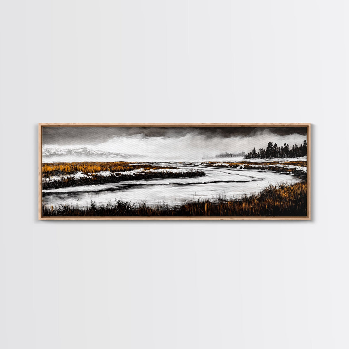 Snowy River Artwork, Mountain Landscape Painting, Rustic Winter Decor, Black and White Wall Art, Nature Print, Living Room Art, Canvas Print