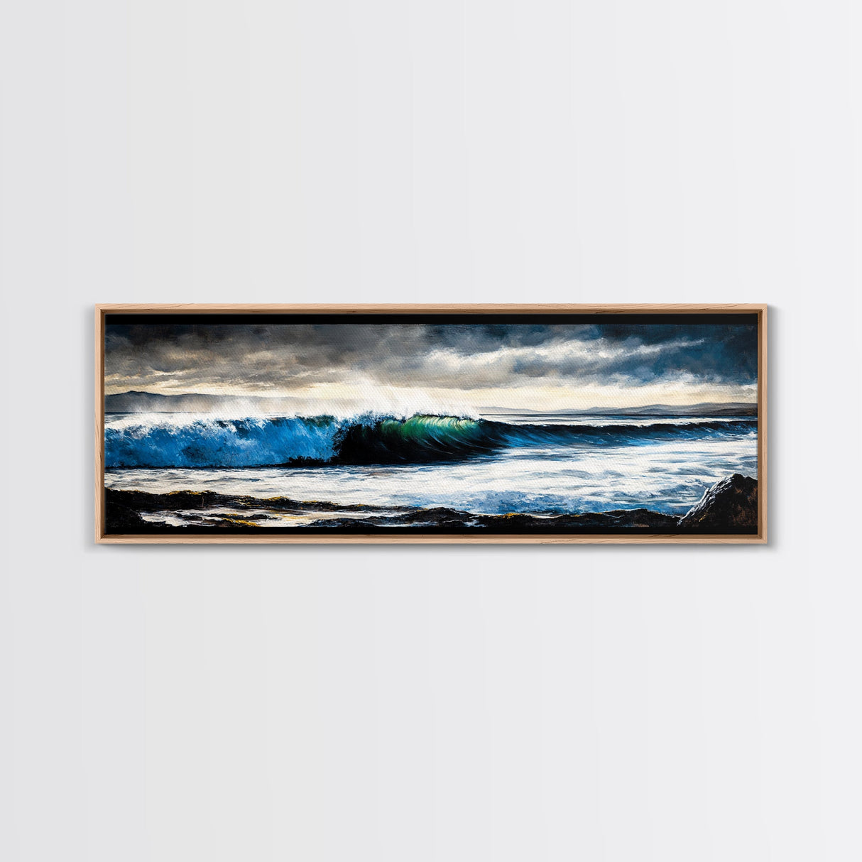 Powerful Ocean Wave, Realistic Seascape Art, Blue Water Wall Decor, Coastal Living Room Art, Surfer Beach Print, Framed Canvas Print