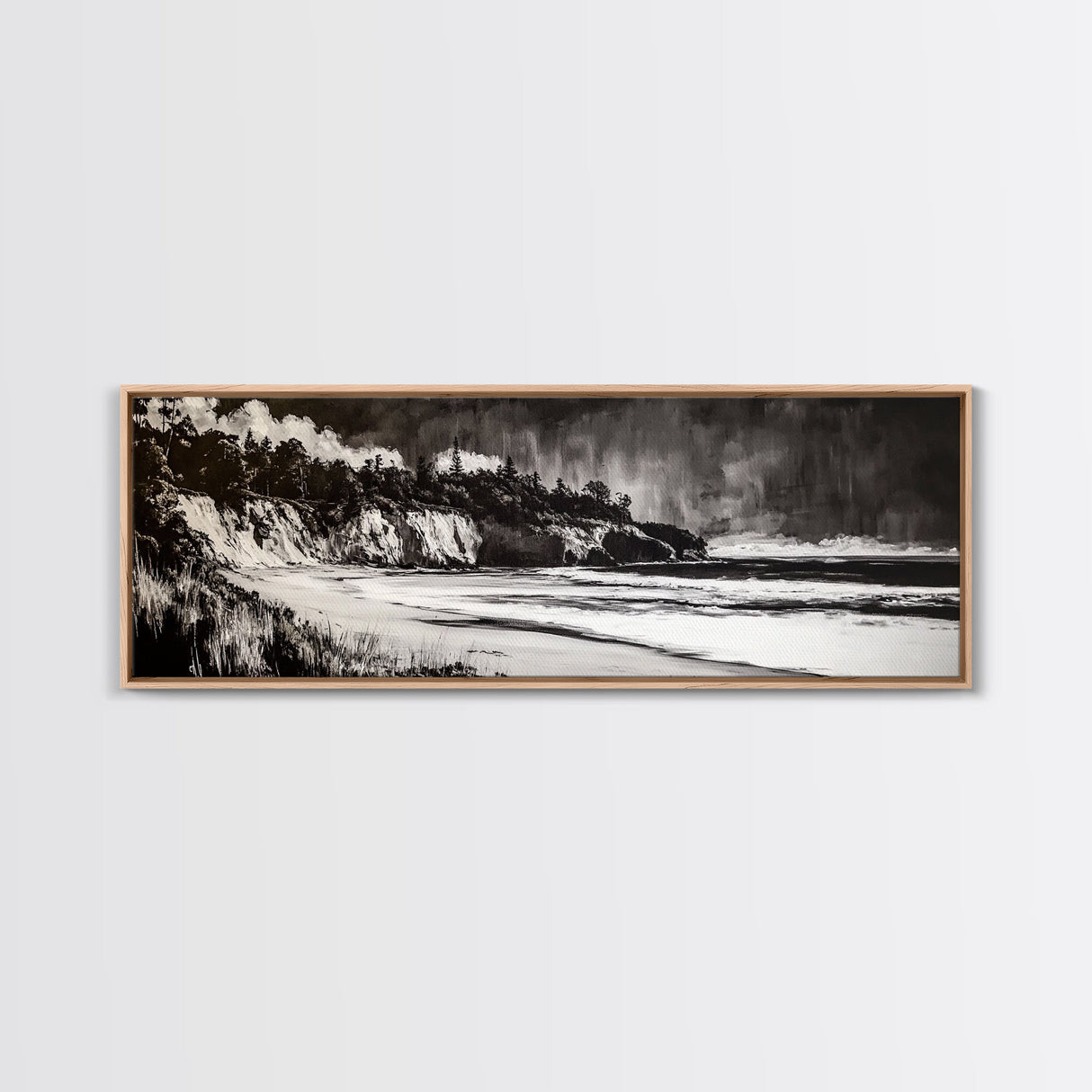Bold Coastal Cliff, Monochrome Seascape Painting, Dramatic Nature Wall Art, Minimalist Ocean Print, Modern Home Decor, Framed Canvas Print