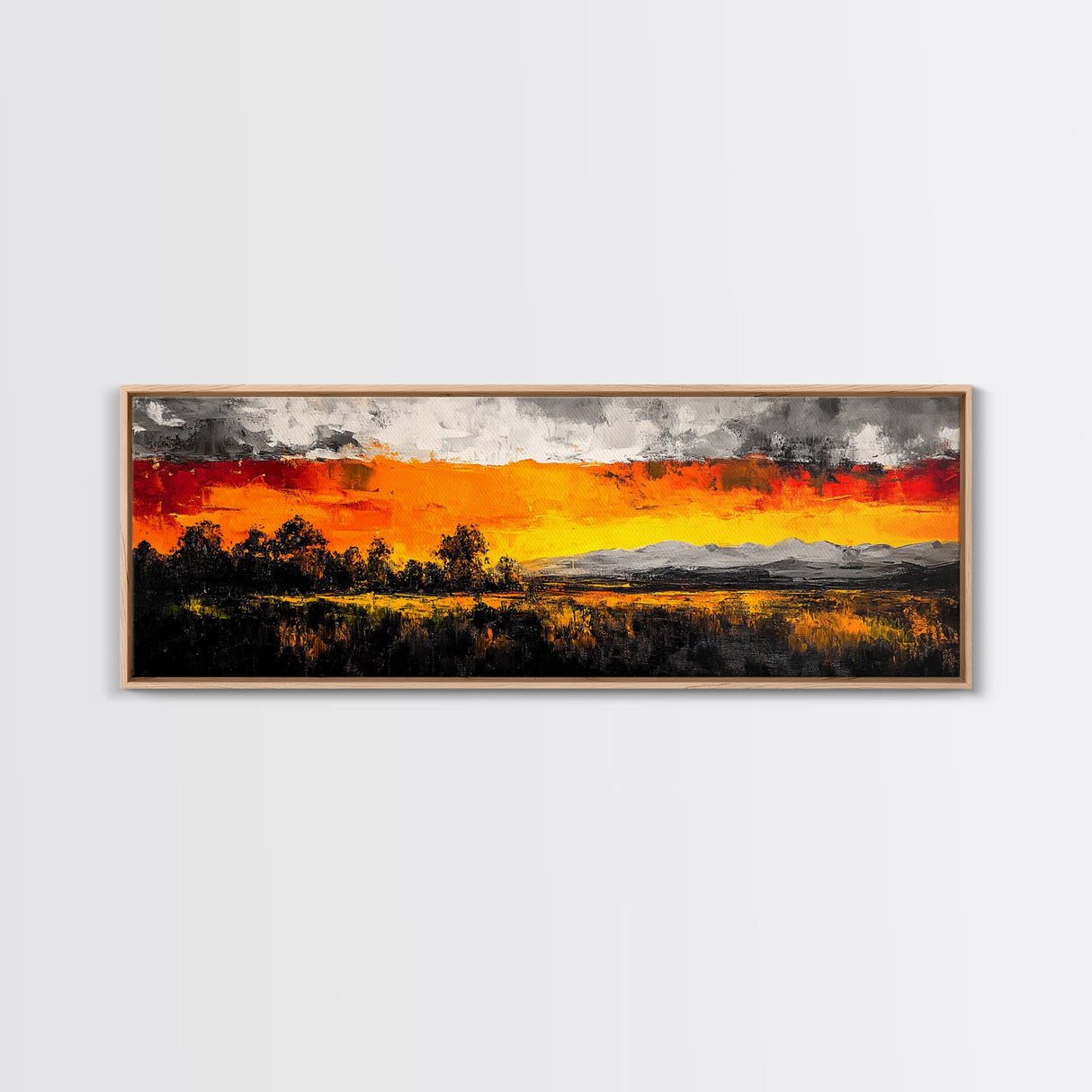 Fiery Sunset Painting, Autumn Sky Artwork, Warm Nature Landscape, Bold Fall Wall Decor, Rustic Cabin Art, Framed Canvas Print