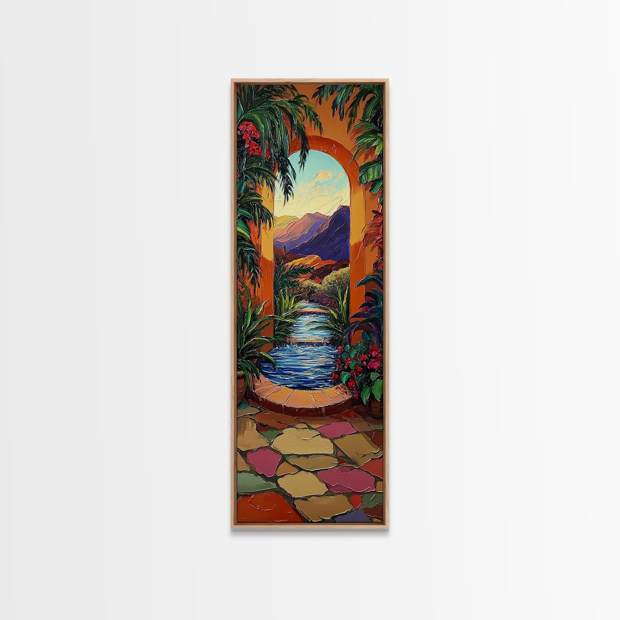 Tropical Archway, Retreat Painting, Framed Canvas Print, vibrant Mediterranean garden, doorway wall art, boho home décor, living room