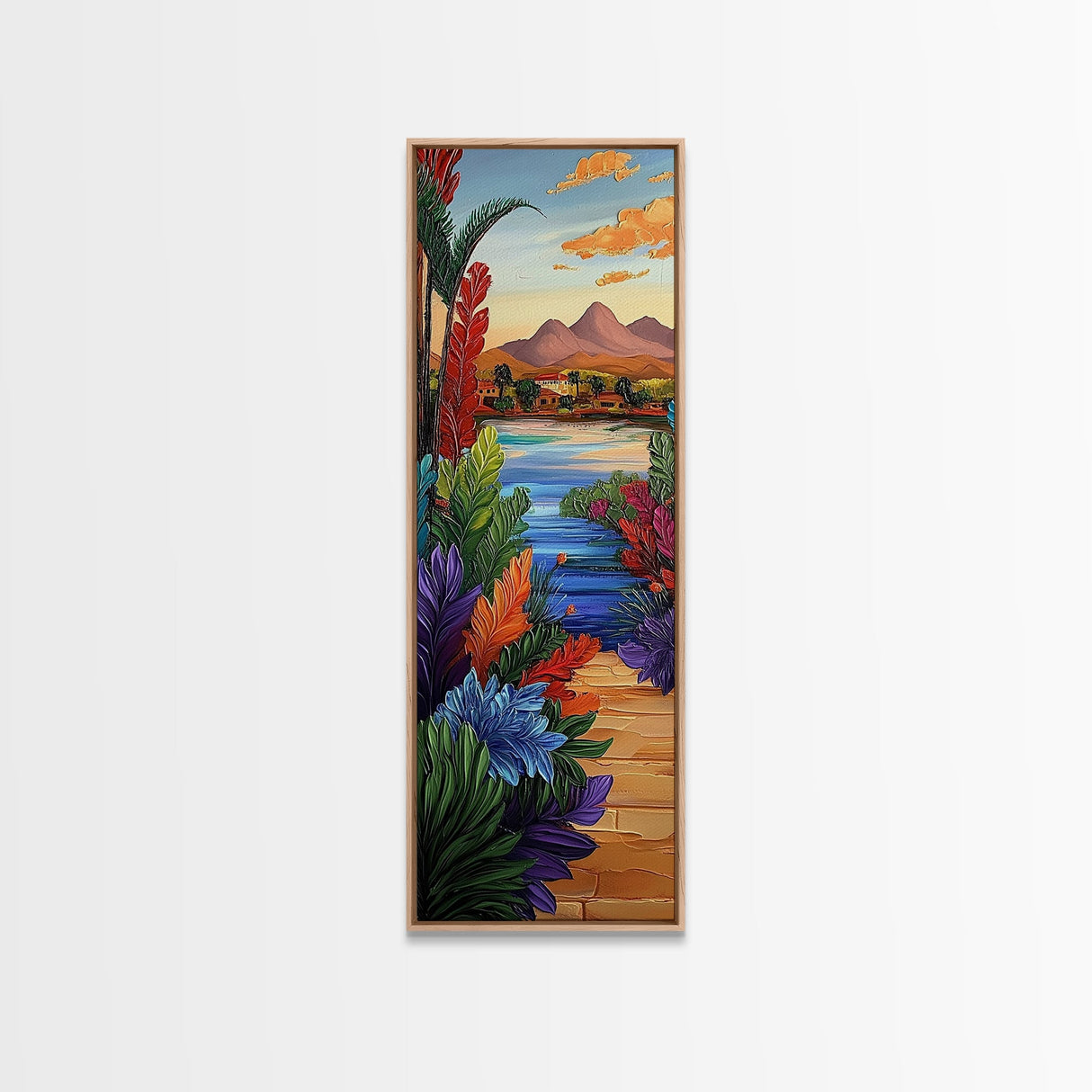 Path Garden, Village Painting, Framed Canvas Print, whimsical tropical pathway, village view, bold colorful foliage, hallway wall art, boho style