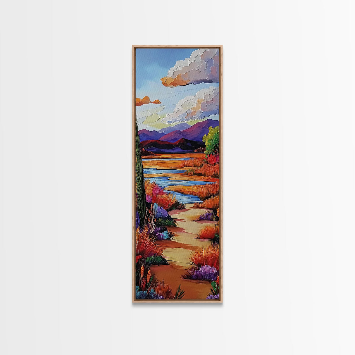 Path Mountains, Autumn Meadow, Vibrant Fall trail scene Framed Canvas Print, rustic seasonal wall art, living room nature decor