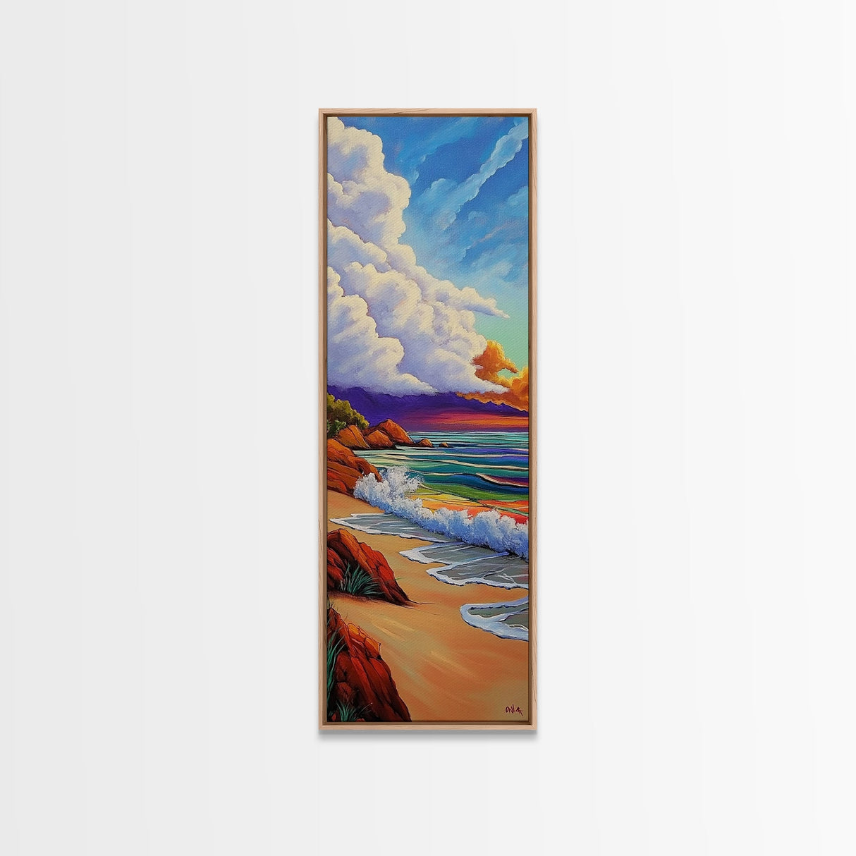Peaceful Shoreline, Colorful Sunset, Framed Canvas Print ocean waves art, colorful sunset beach painting, vibrant sky seascape, nature art