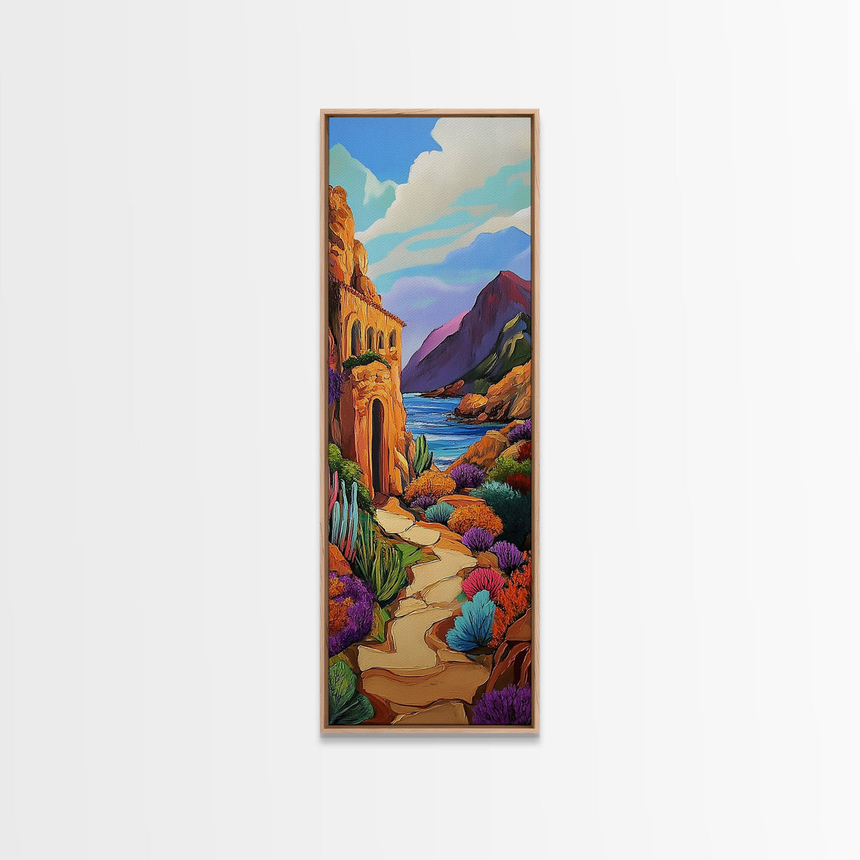 Desert, Path, Cactus, Vibes - Framed Canvas Print, Southwest Landscape Wall Art, Living Room Colorful Boho Art, Mediterranean Path Painting