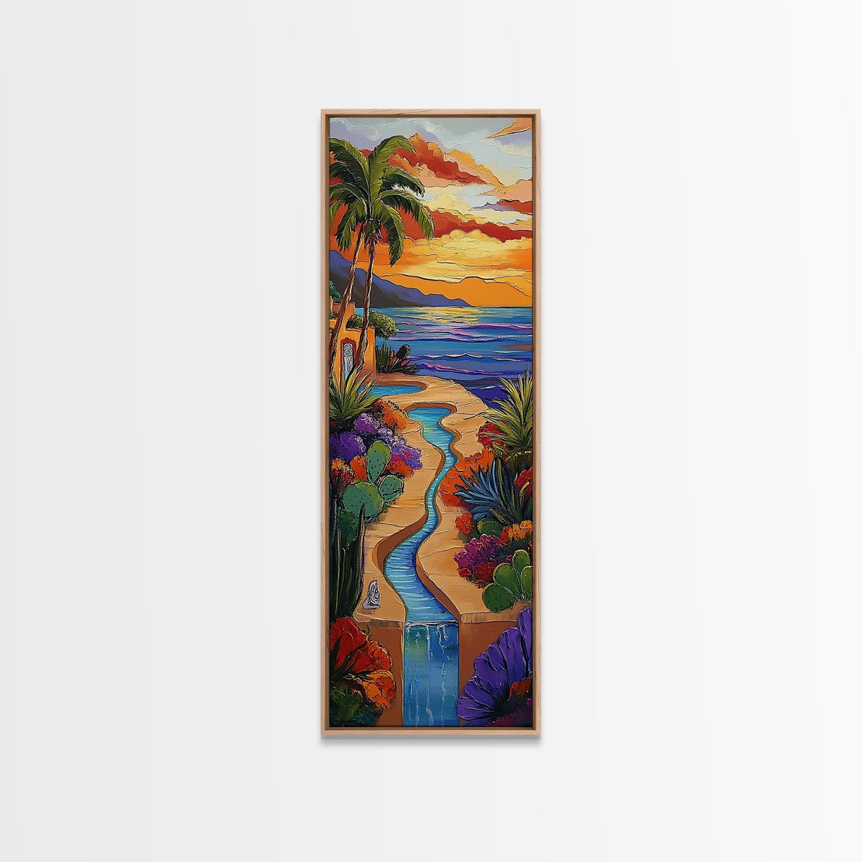 Sunset, Palms, Cactus, Stream - Framed Canvas Print, Tropical Desert Wall Art, Southwest Coastal Decor, Colorful Living Room Boho Painting