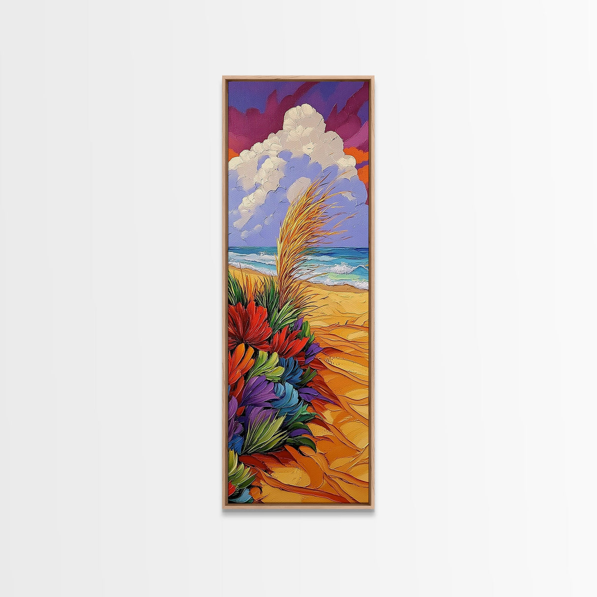 Ocean, Sand, Florals, Bold, Framed Canvas Print vibrant beach floral wall art coastal boho painting living room decor tropical gift idea