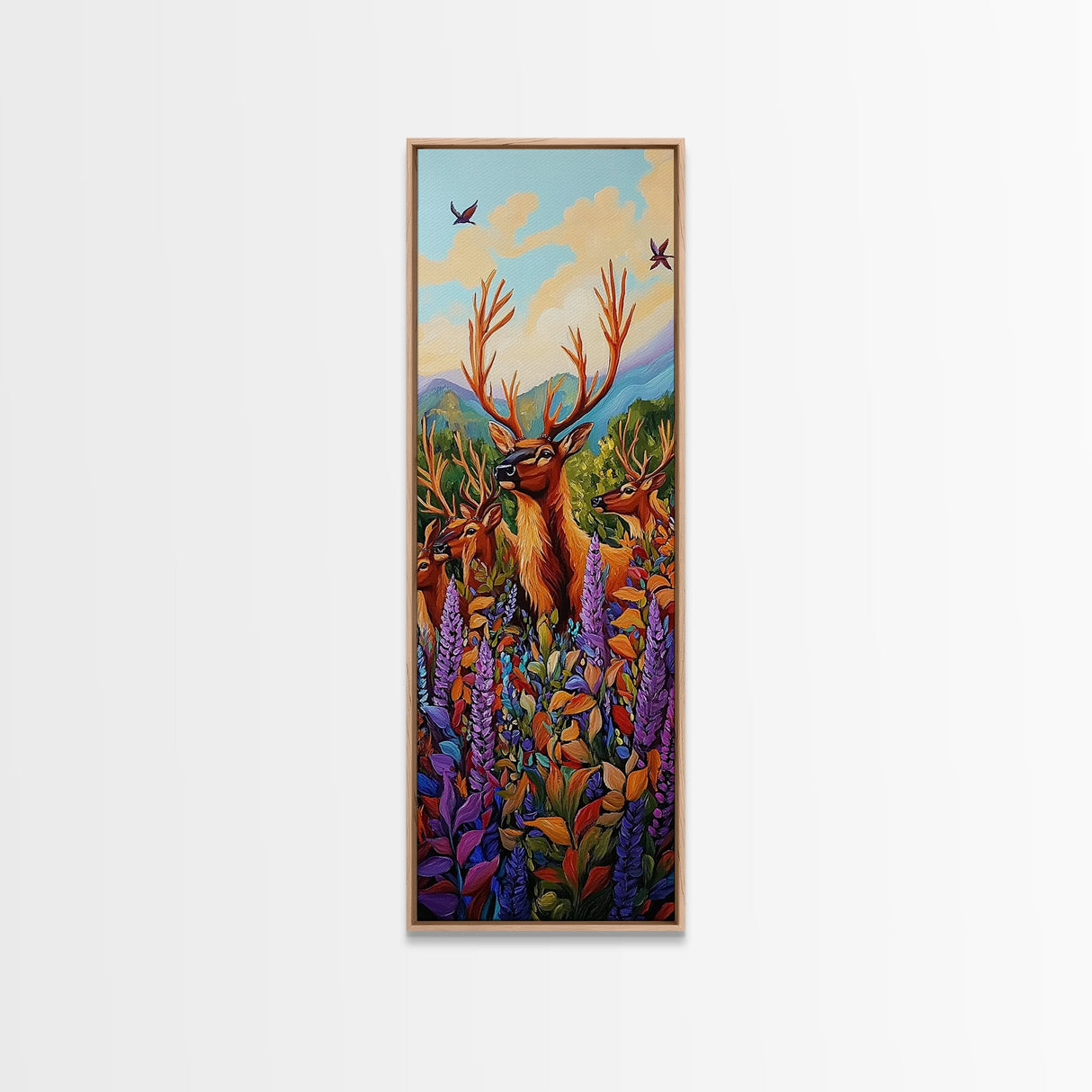Elk, Meadow, Nature, Art, Framed Canvas Print featuring deer herd in wildflowers, cozy lodge style, Autumn cabin decor, rustic wall art