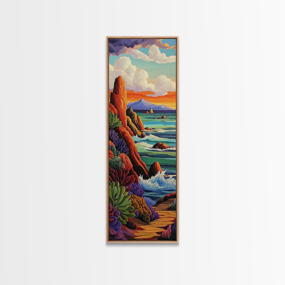 Coastal, Sunset, Seascape, Vibes, Framed Canvas Print of ocean cliffs and crashing waves, modern coastal wall art, beach house decor